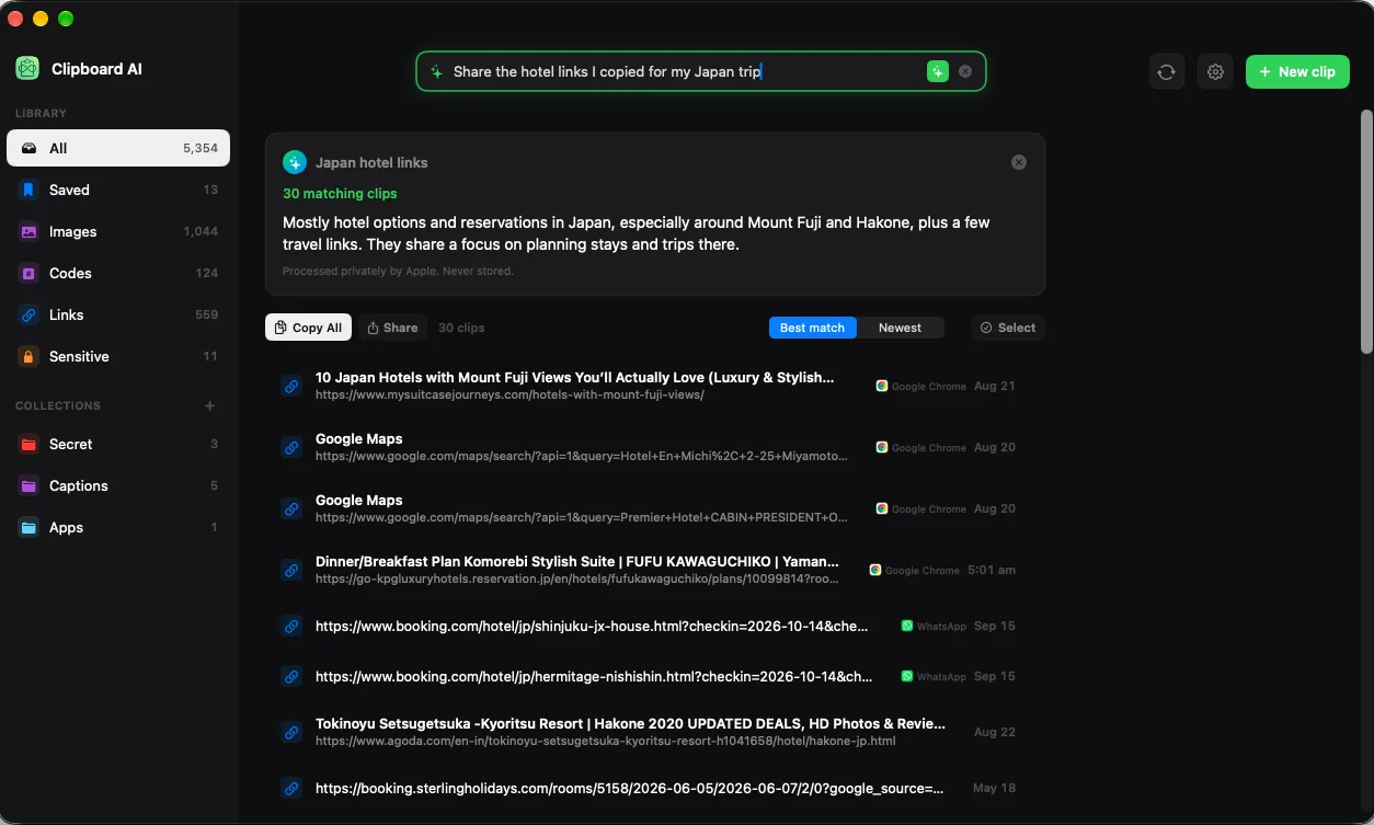 All Clips on Mac after asking to share the hotel links copied for a Japan trip: a one-line answer, 30 matching clips, and the links listed below with Copy All, Share, Best match, Newest, and Select controls