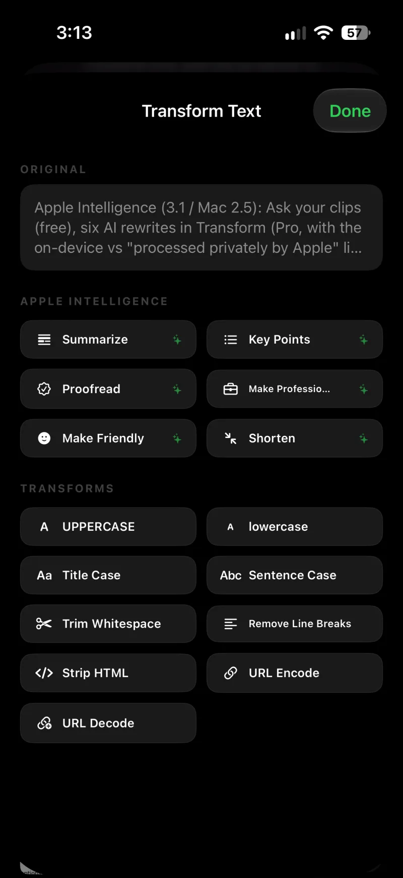 The Transform Text screen with the original clip at the top, an Apple Intelligence section of six rewrites (Summarize, Key Points, Proofread, Make Professional, Make Friendly, Shorten), and the nine text tools below