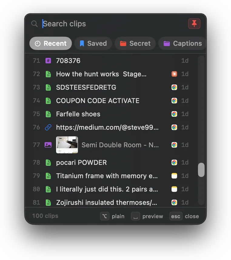 The Clipboard AI floating menu with the pin in the top corner highlighted red, Recent and Saved tabs, numbered clips with the app each came from, and a footer legend for plain, preview, and close