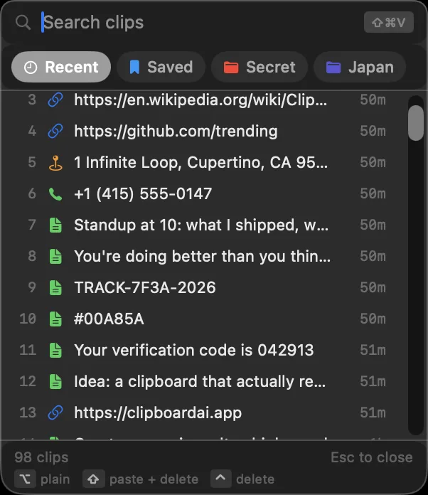 The Clipboard AI floating menu, with a search field, Recent and Saved filters, and numbered clips