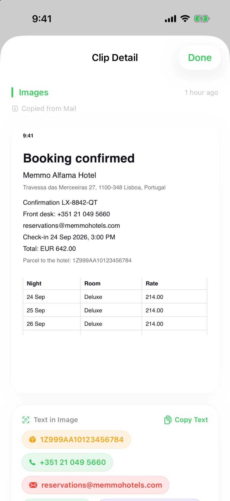 A booking confirmation screenshot open in Clipboard AI, with the Text in Image section starting under the picture