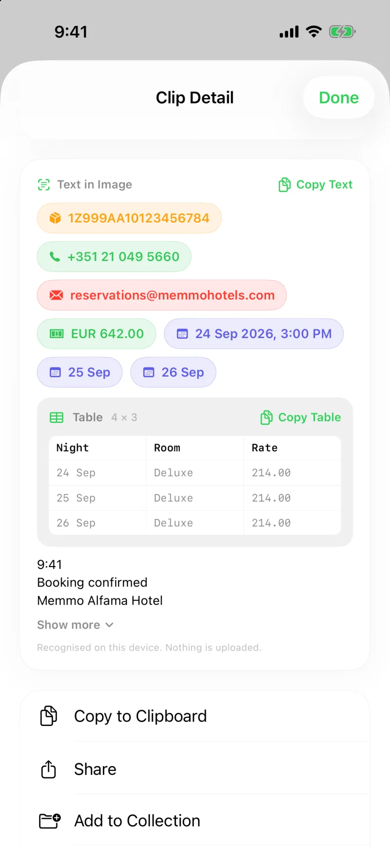 The Text in Image section of a booking screenshot with chips for a tracking number, phone number, email, amount, and dates, and a table with a Copy Table button
