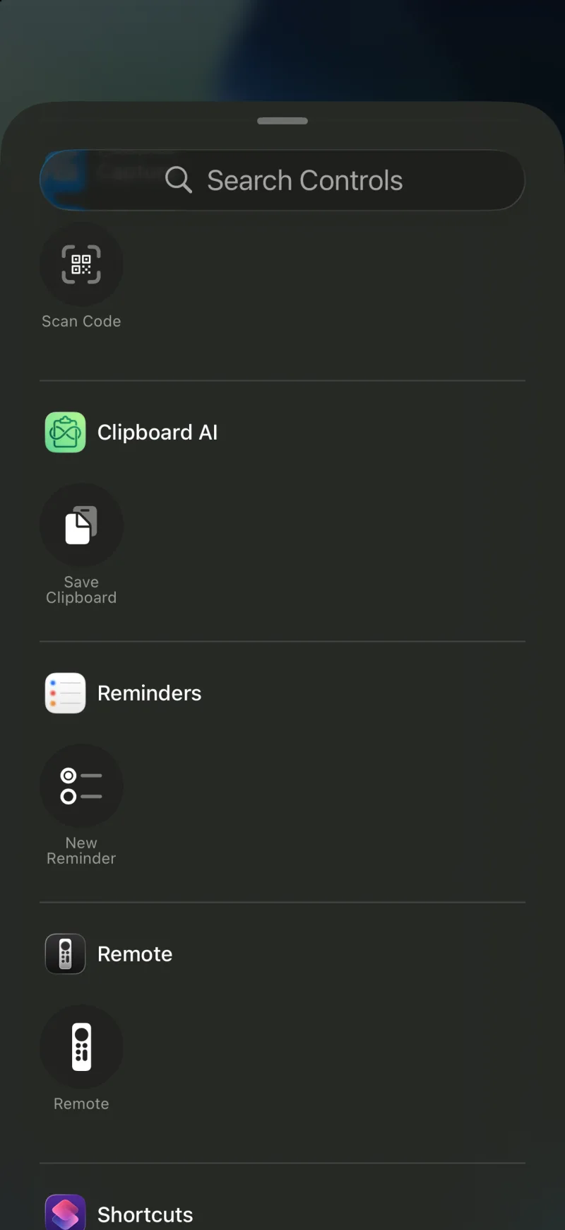 The Add a Control gallery in Control Center, with Clipboard AI's Save Clipboard control listed