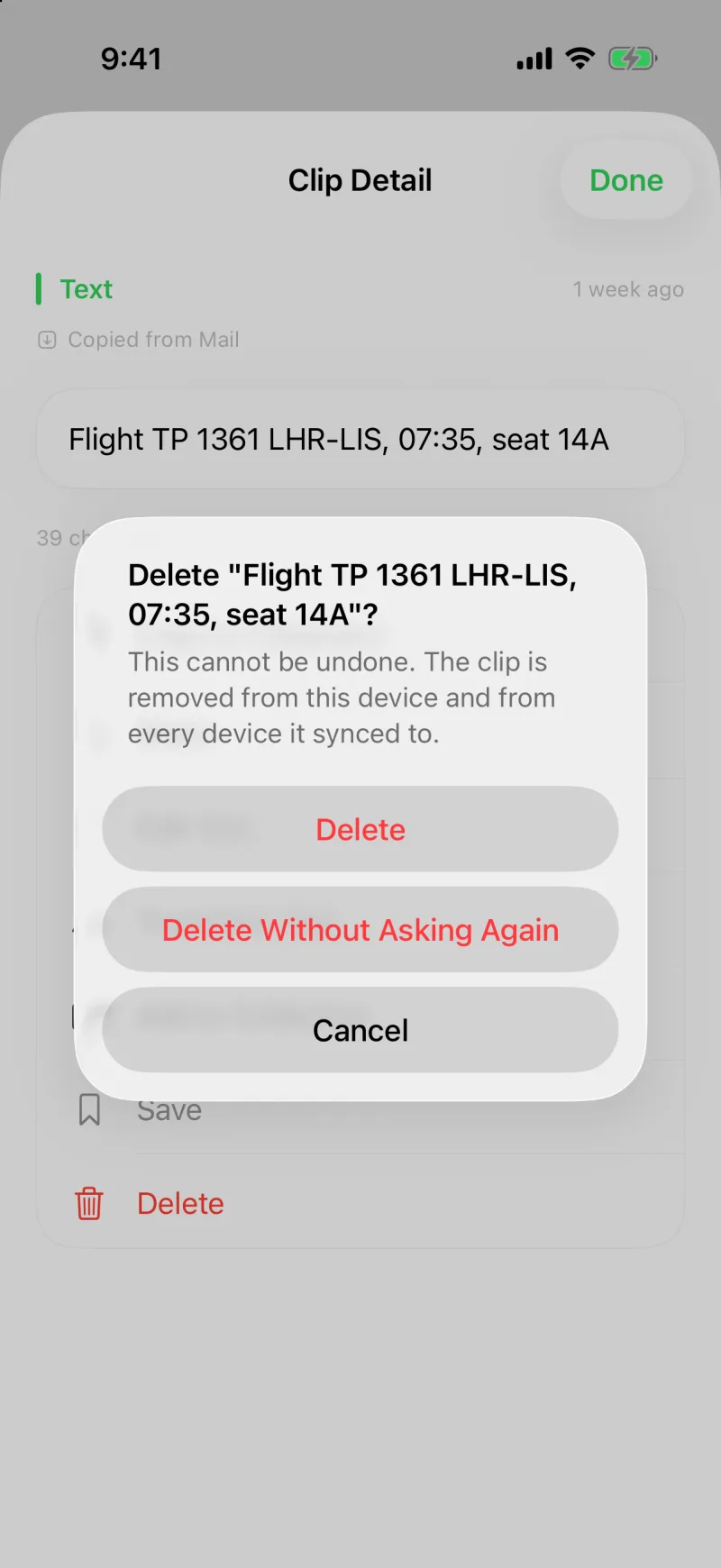 The Delete this clip prompt on a flight clip, with Delete, Delete Without Asking Again, and Cancel