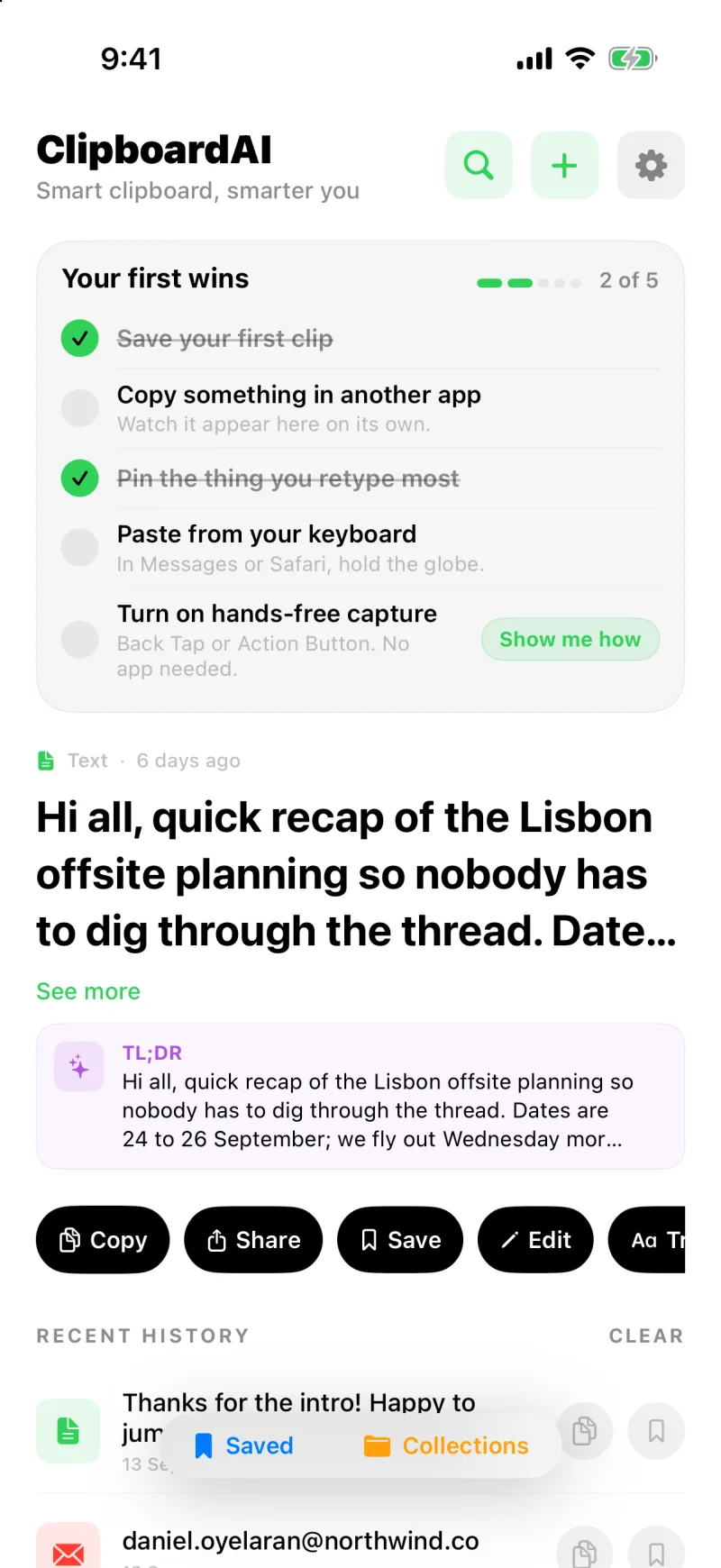 The Clipboard AI home screen with the Your first wins checklist at the top, the latest clip with its TL;DR line, and the recent history below