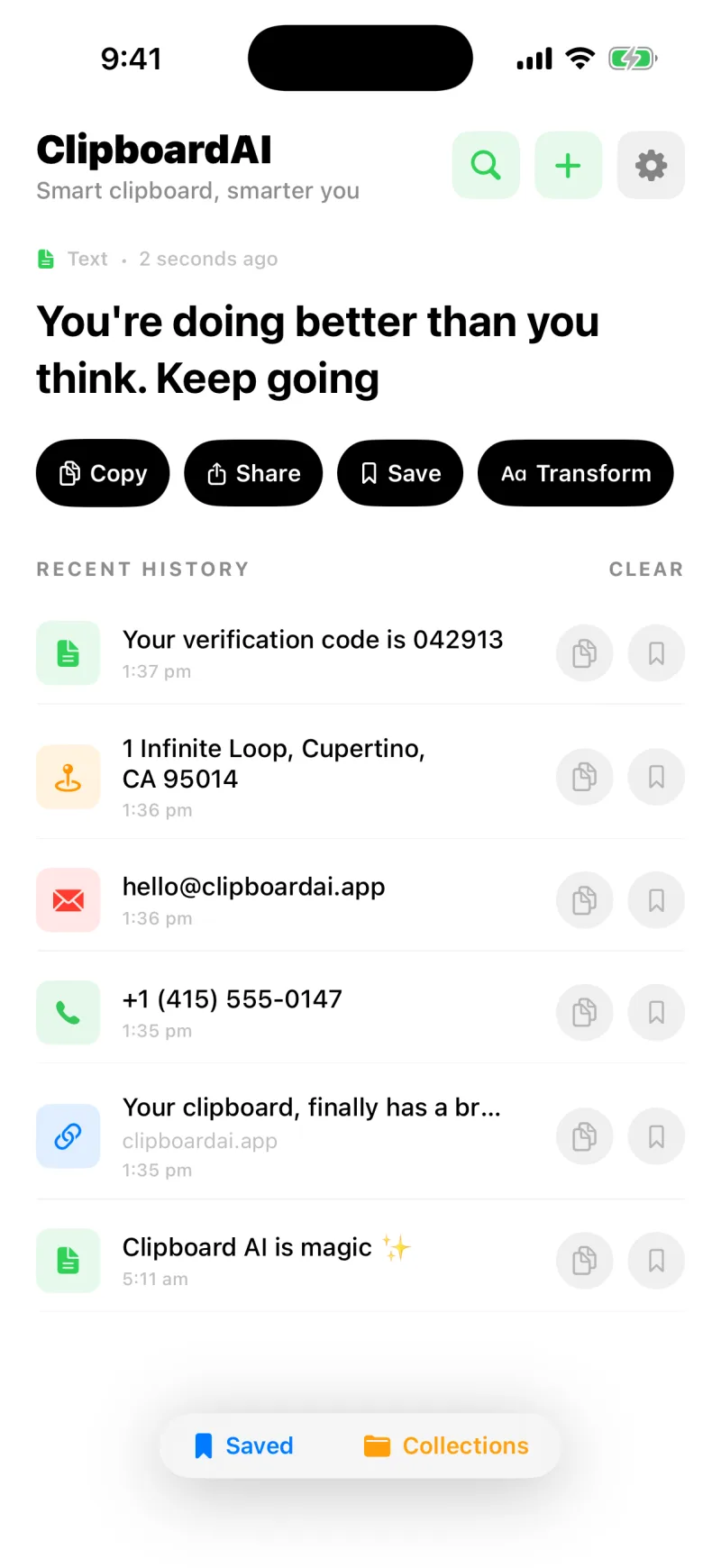 The Clipboard AI home screen with the latest copy saved at the top