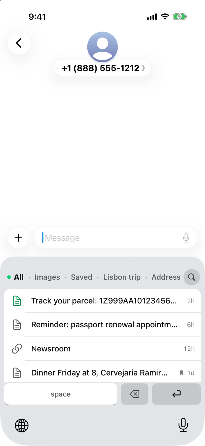The Clipboard AI keyboard open in Messages, listing recent clips to paste