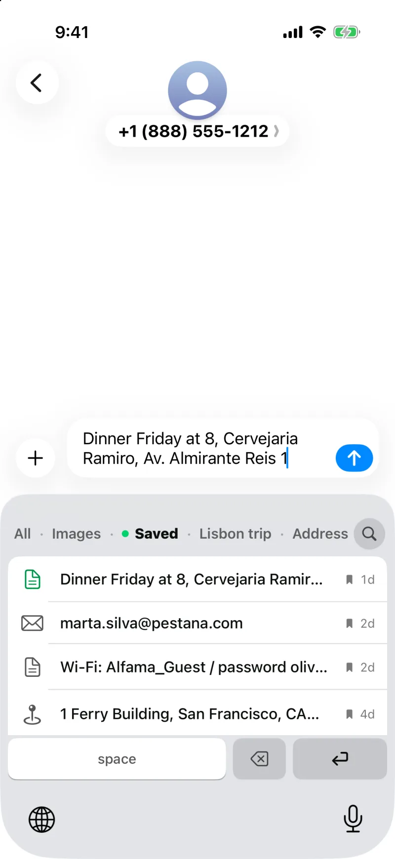 The Clipboard AI keyboard filtered to Saved, showing four saved clips with bookmark markers
