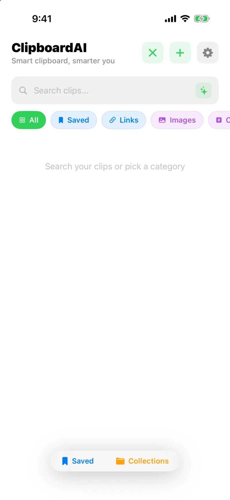 The search screen with the category chips and, at the right end of the search field, the sparkles button that switches to Ask