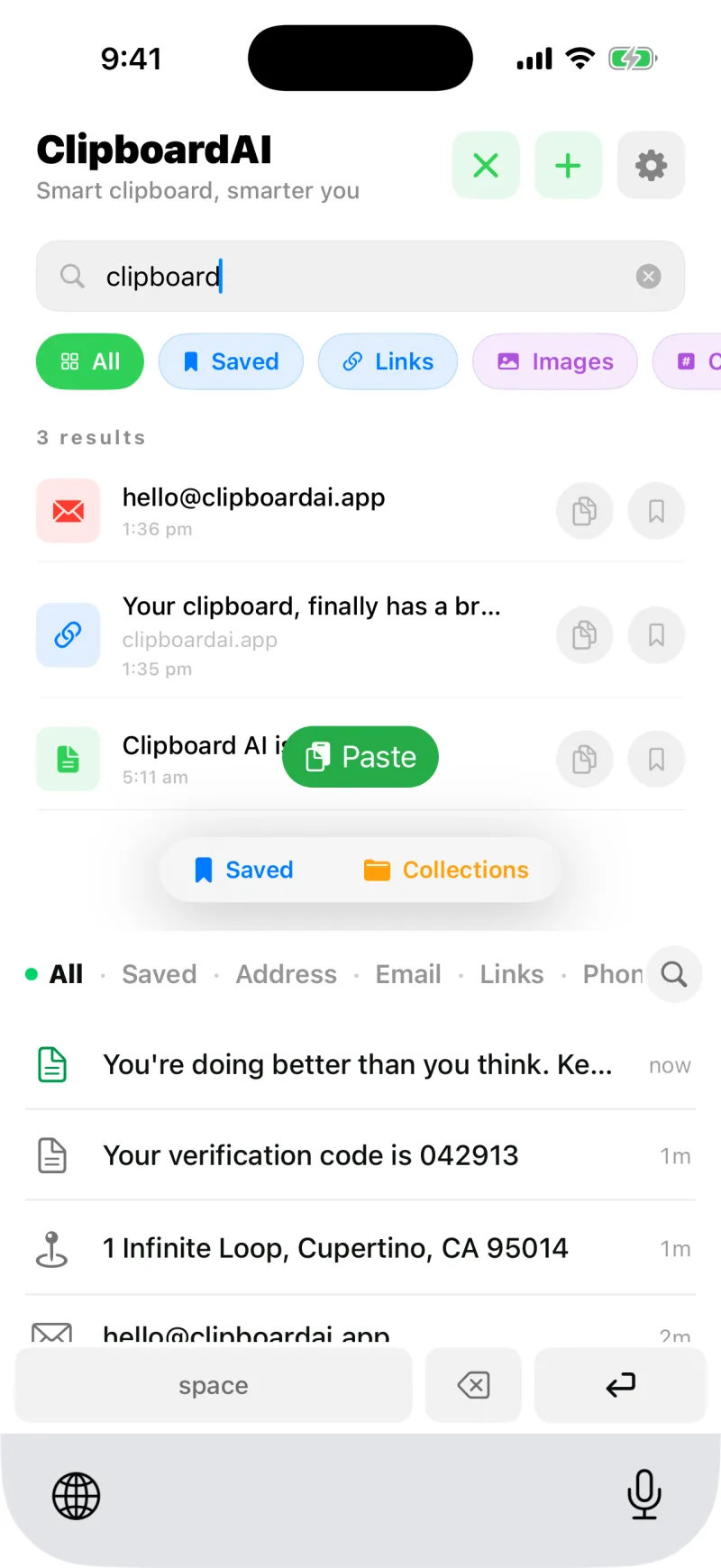 Searching for clipboard in Clipboard AI, showing three matching results