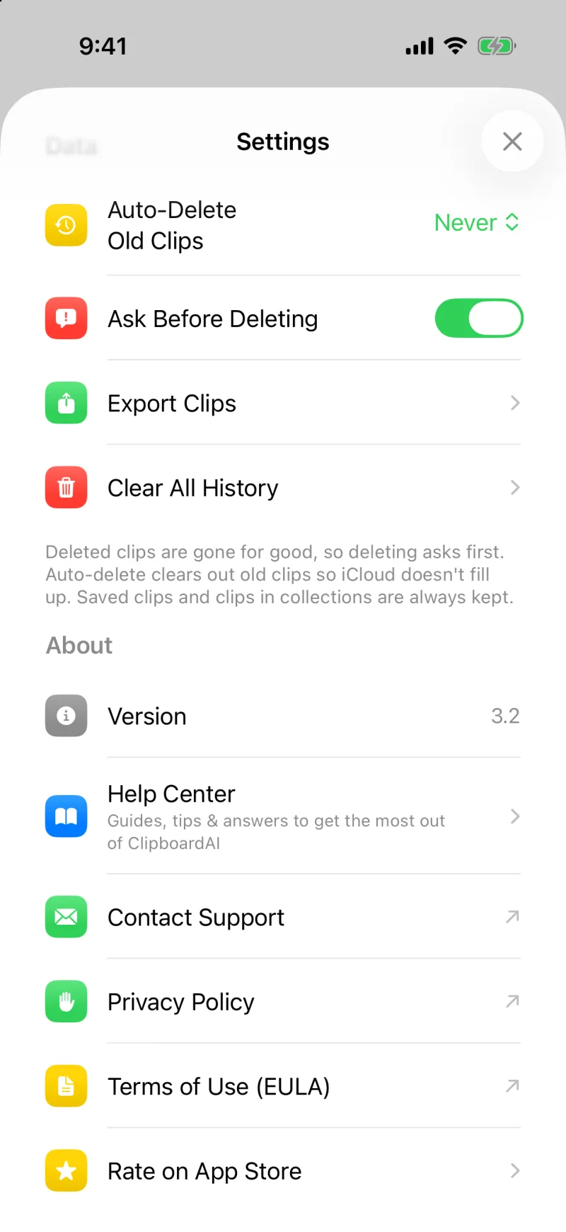 The Data section of Settings with Auto-Delete Old Clips, Ask Before Deleting, Export Clips, and Clear All History