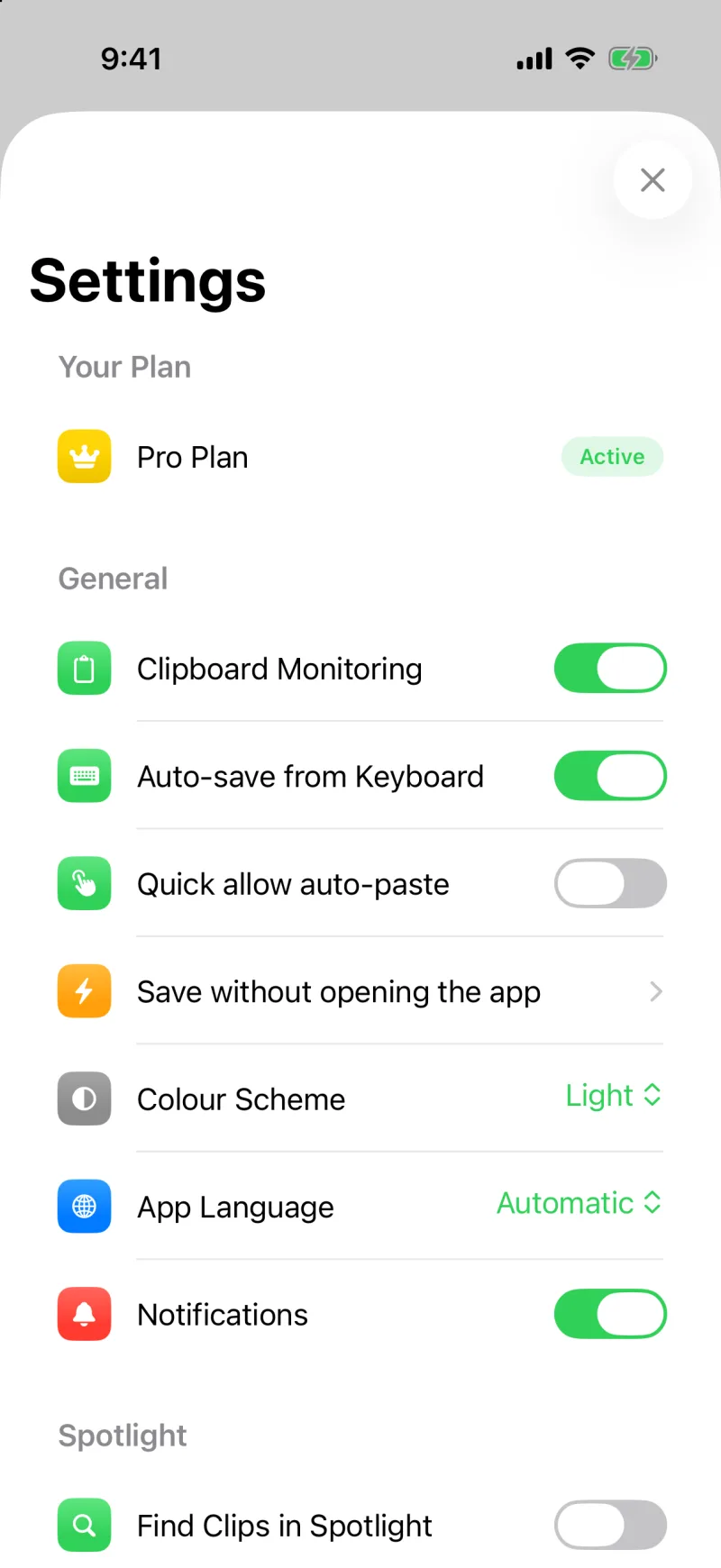 Clipboard AI Settings with the Colour Scheme row set to Light