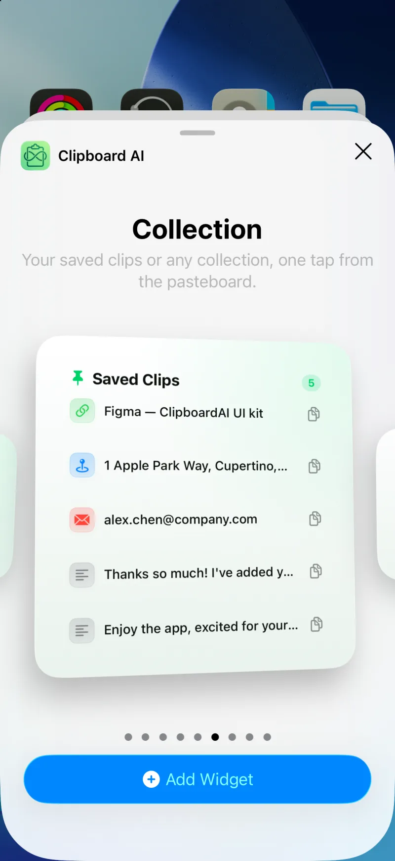 The widget gallery page for Clipboard AI's Collection widget, with an Add Widget button