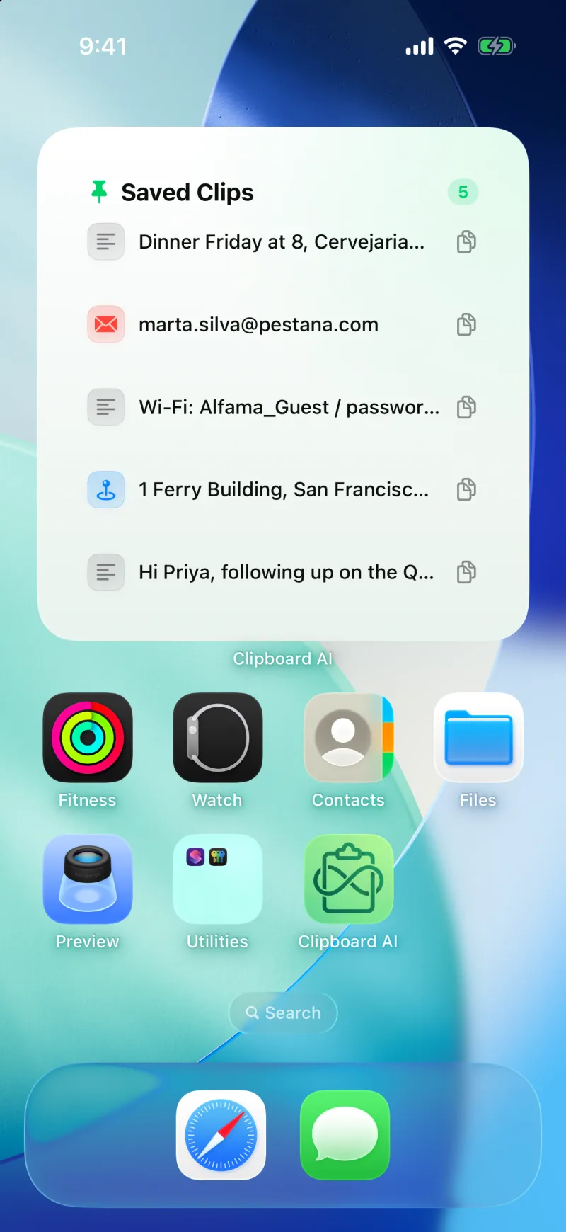The Collection widget on the Home Screen showing five saved clips, each with a copy icon